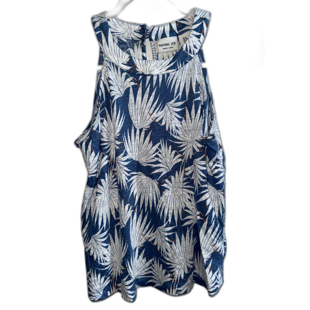 Rachel Zoe 100% Linen Blue Palm Print Halter Tank Top Size M